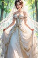 A woman in a wedding dress standing in the woods.