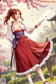 A woman in traditional attire holds a sword, standing amidst cherry blossoms.