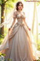 A woman in a wedding dress standing in the woods.